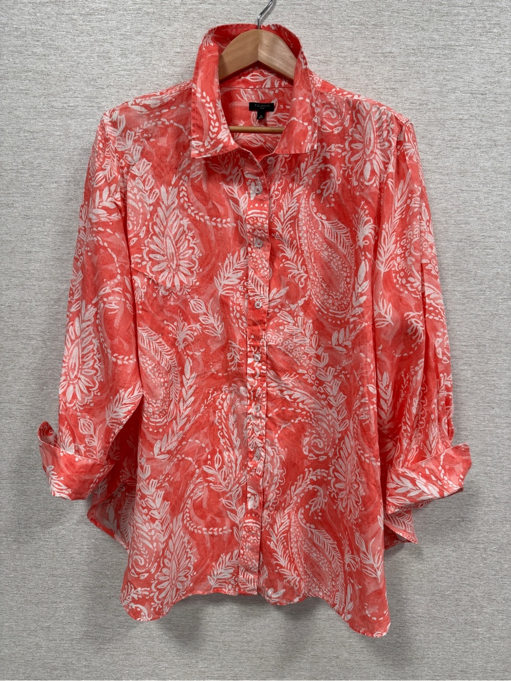 Talbots Coral and White Paisley Button-Down Linen Shirt